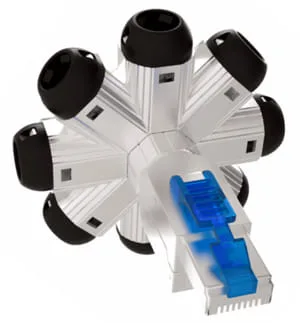 Conector macho RJ45 FTP giratorio RoTCam con rendimiento Categoría 6A